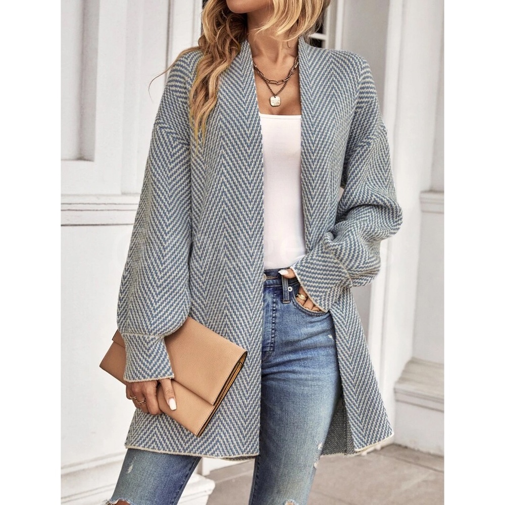 Knit Chevron Open Cardigan Bishop Sleeves Hip Length Dusty Blue on Off White - Picture 6 of 10